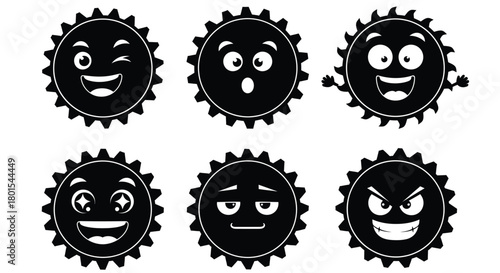 Cartoon sun emoji vector graphics set black and white expression