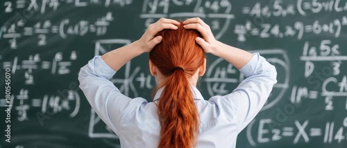 Frustrated Teacher Grasping Head in Stress, Redhead Woman at Math Equations Blackboard, Classroom Photo, Rear Viewpoint, Education Struggle Concept