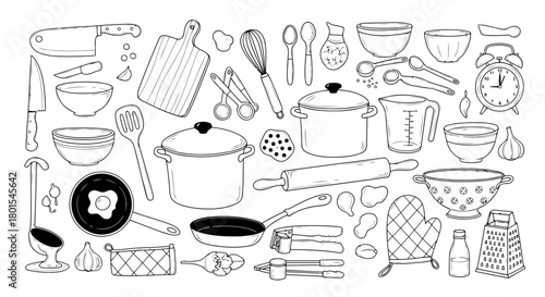 Collection of kitchen utensils and cooking equipment