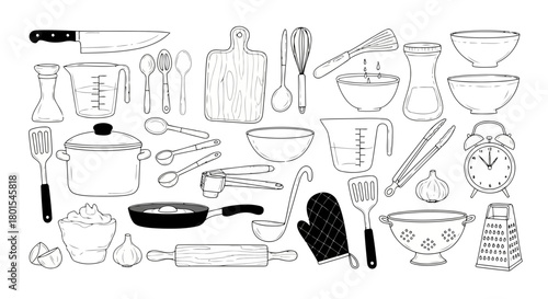 Collection of kitchen utensils and cooking equipment