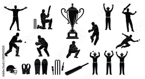 Cricket players silhouettes with trophy vector illustration art