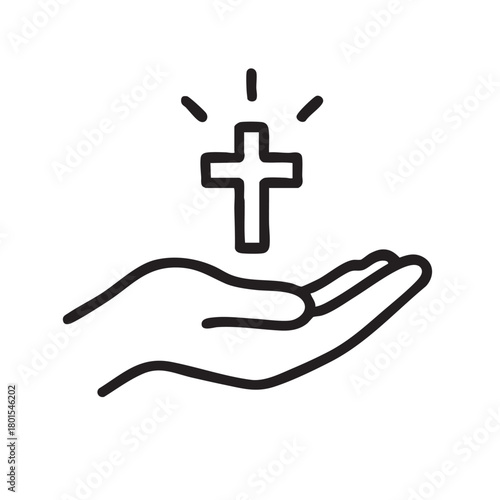 A delicate line drawing depicts a hand gently cradling a christian cross with radiating lines above it