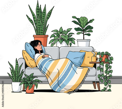 Woman reclining on a couch surrounded by potted plants while wrapped in a yellow and blue striped blanket in a cozy living room setting with a calming atmosphere.
