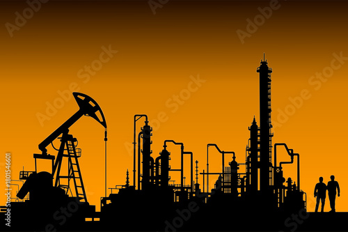 Silhouette of an oil refinery, pump jack, and workers set against a dramatic sunset sky, symbolizing energy production, petrochemical industry, engineering, and industrial operations.