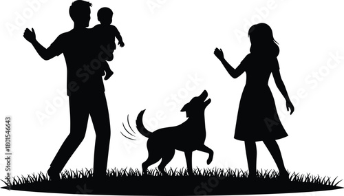 Family silhouette illustration, father holding child, mother waving, playful dog, outdoor scene, togetherness, bonding, pet love, happy moment, nature background