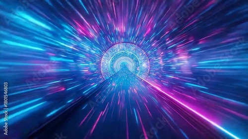 Hyperspace Journey: A vibrant tunnel of light, a digital journey through space and time, filled with energy, motion and futuristic visions.