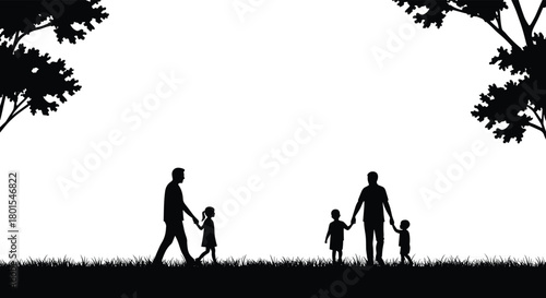 Family silhouette in nature, parents with children outdoors, peaceful moment, tree branches framing scene, grassy field, togetherness, bonding, black and white