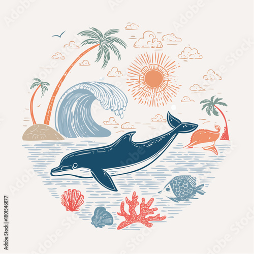 Whimsical Ocean Scene Illustration with Dolphins, Palm Trees, and Coral Reef Elements