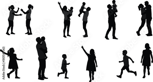 Family silhouettes, parent child interaction, emotional bonding, walking together, hugging moments, playful kids, black figures, caregiving concept, childhood development, love