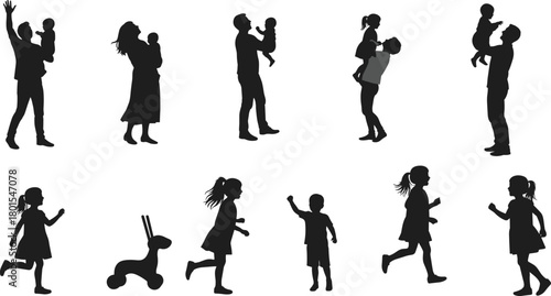 Family silhouettes, parent child interaction, playful kids, childhood moments, bonding time, caring adults, walking children, outdoor play, emotional connection, black figures