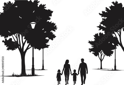 Family walking in park, urban nature scene, silhouette illustration, parents with kids, peaceful outdoor lifestyle, leafy trees, street lamps, bonding moment