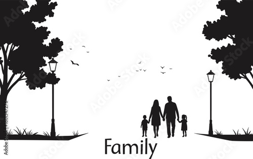 Family walking outdoors silhouette, parents and children holding hands, nature scene with trees, birds flying, streetlamps, peaceful evening, togetherness, love