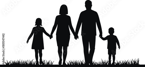 Family walking silhouette, parents and children holding hands, unity, love, togetherness, outdoor bonding, grass field, black figures, white background, peaceful moment