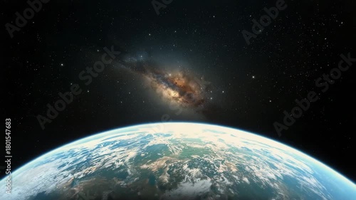 Earth in Cosmic Embrace: Witness the stunning panorama of our planet, cradled against the celestial tapestry of the galaxy, the cosmos. A testament to the universe.