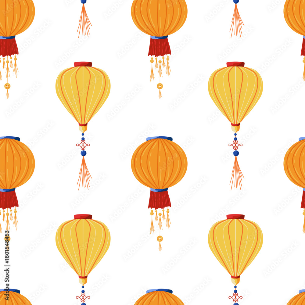 Fototapeta premium Chinese yellow paper lanterns seamless pattern. Vector flat background with chinese or japanese traditional decor elements with lucky knot and lucky coins for wallpaper, wrapping, textile