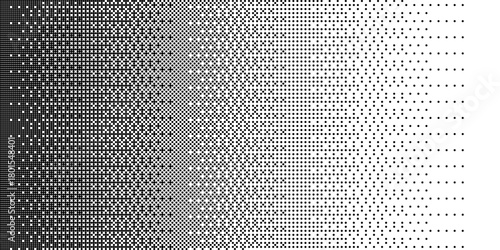 Tech halftone gradient background. Black and white dotted pattern fading from dense to light creating depth illusion. Minimal abstract texture backdrop for modern graphic design. Vector illustration.
