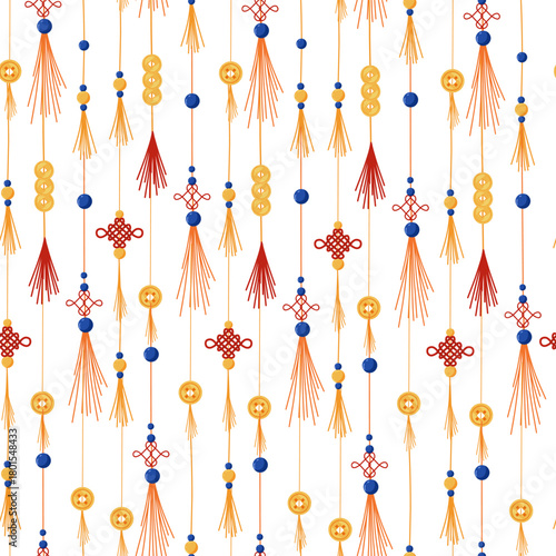 Chinese decorative tassels with lucky knot and lucky coins seamless pattern on white background. Vector print with hand drawn hanging tassels for wallpaper, wrapping, textile