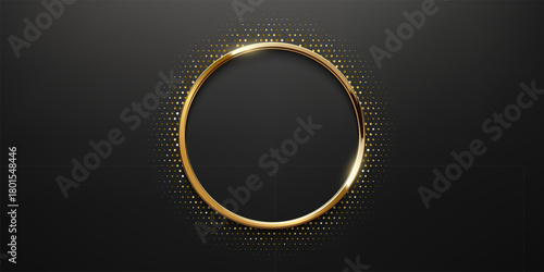 Golden circle frame with dotted halftone light effect. Circular glowing metallic ring, button, stamp, emblem, sticker, label. Modern luxury abstract vector illustration.