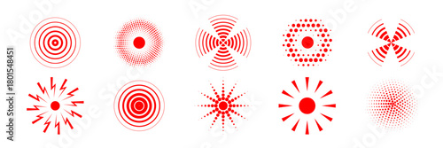 Pain circle red icon with concentric rings and ripple wave effect. Abstract target pattern symbolizing vibration signal or inflammation point. Modern medical and geometric vector illustrations set.