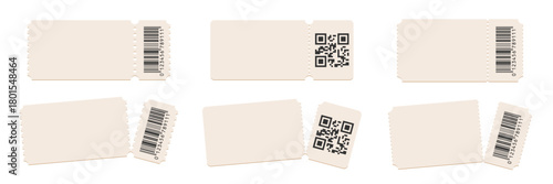 Blank perforated paper tickets. Collection of vintage-style admission ticket templates with torn edges, barcodes. Event or cinema entry pass design. Realistic vector illustration.