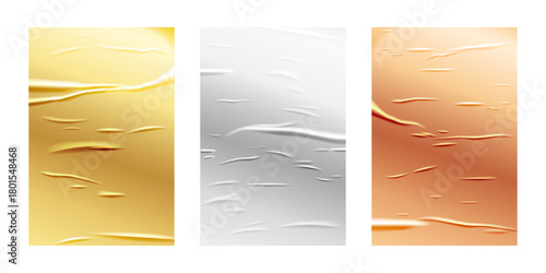 Paper wrinkle glued poster background with golden, silver and bronze texture. Fold and crease details on crumpled sheet surface for retro advertising design. Realistic vector illustration.