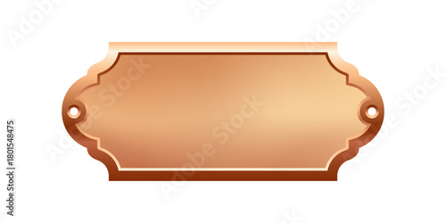 Blank bronze nameplate plaque with decorative edges and screw holes. Metallic label for engraving, signage, awards, door signs. Realistic vector illustration.
