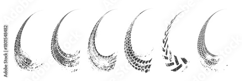 Tire track. Car, bike, motorcycle tyre mark with grunge effect isolated on white background. Wheel footprint on road. Top view of rubber protector mark. Realistic vector illustration.