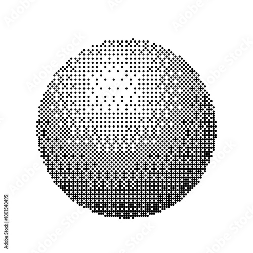 Pixel gradient circle background. Black and white dotted sphere with optical illusion and depth effect. Abstract digital pattern for modern graphic design. Vector illustration.