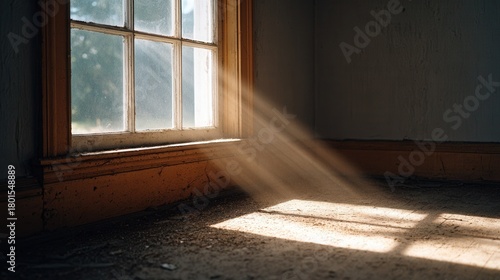 An abandoned room with sunlight streaming through a dusty window, creating a serene and nostalgic atmosphere.