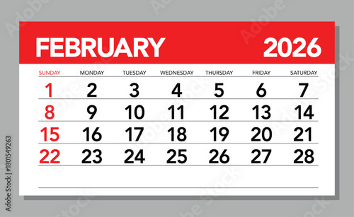 Modern Red and White February 2026 Wall Calendar Layout