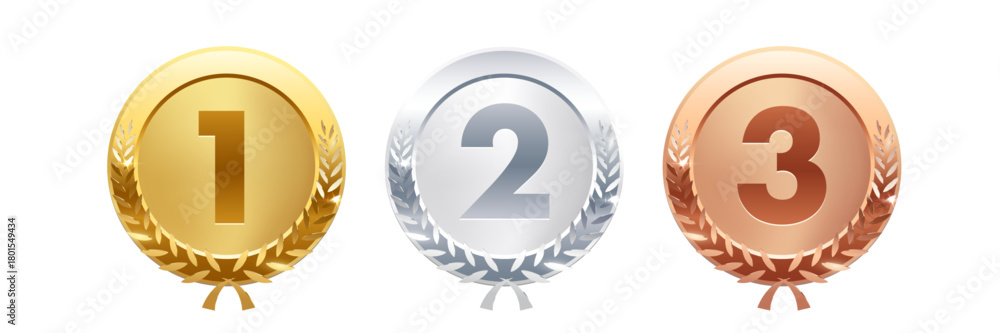 Naklejka premium Gold, silver, bronze circle medals. Metal coins. First, second, third place award frames isolated on white background. Winners trophy. Shiny badge, label. Realistic vector illustration.