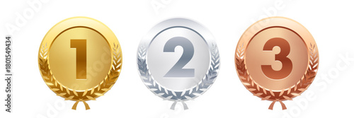 Gold, silver, bronze circle medals. Metal coins. First, second, third place award frames isolated on white background. Winners trophy. Shiny badge, label. Realistic vector illustration.