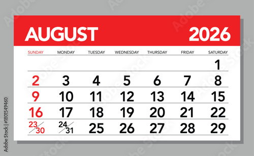 Modern Red and White August 2026 Wall Calendar Layout