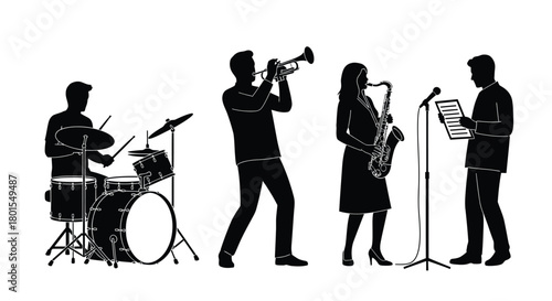 Silhouette jazz band musician performance music concert vector art