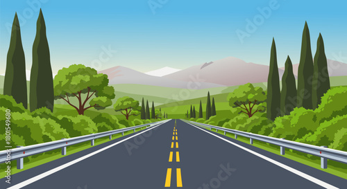 A serene road journey Captivating scenery of lush trees, mountains, and an open pathway under a bright sky, ideal for travel