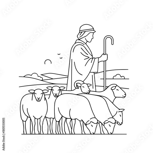 Shepherd with sheep line art depiction of biblical scene, with shepherd tending his flock in field. Shepherd with sheep symbolizes guidance, care, and protection, depicted through clean line art.