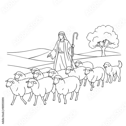 Shepherd with sheep line art presents classic pastoral scene, revealing shepherd leading sheep toward distant fields. Line art illustration details simple story of rural life and nature.