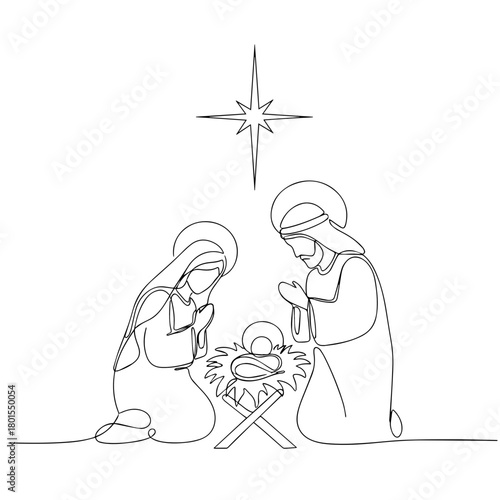 Simple Nativity outline in single line art shows Mary, Joseph and Baby Jesus. Simple Nativity is perfect for Christmas cards and decorations.