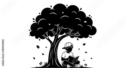 Illustration of boy reading book under tree black and white vector art