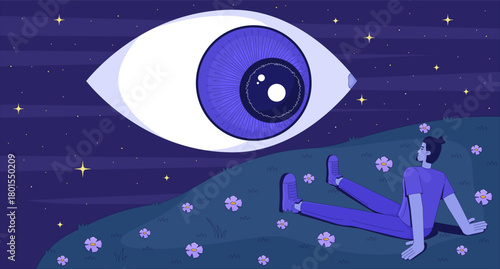 Surreal night man observing cosmic eye lofi wallpaper. Guy stargazing on hill under starry sky with esoteric giant eye 2D cartoon flat illustration. Vector art image lo fi aesthetic color background