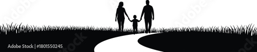 Family walking together, silhouette illustration, parent child bonding, nature path, emotional connection, unity, support, peaceful moment, black and white art