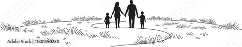 Family walking together, silhouette illustration, nature path, bonding moment, peaceful landscape, unity, parenting, children, outdoor scene, minimalist art, harmony