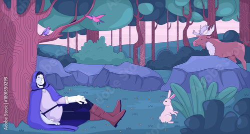 Cloaked traveler resting in enchanted forest lofi wallpaper. Cloak medieval man napping under tree. Fairytale mood 2D cartoon flat illustration. Vector art image lo fi aesthetic color background