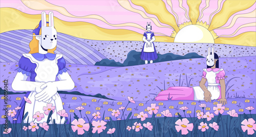 Surreal rabbit girls in dreamy lavender meadow lofi wallpaper. Bunny mask Victorian maids. Sunrise fantasy cottagecore 2D cartoon flat illustration. Vector art image lo fi aesthetic color background