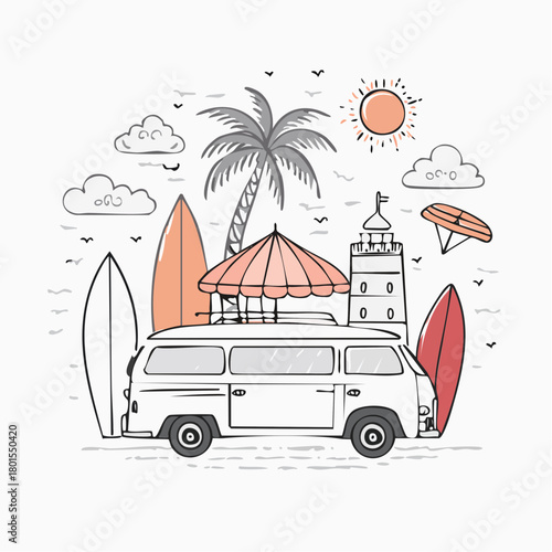Hand-drawn summer beach adventure illustration featuring a vintage camper van, surfboards, a palm tree, and a lighthouse under the sunny sky