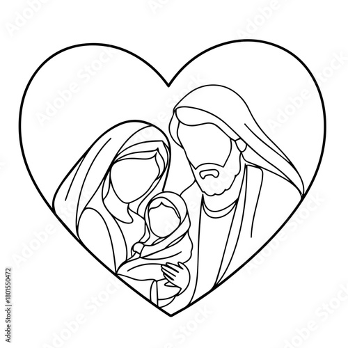 Holy Family heart shape line art presents religious devotion and family values. Holy Family represented as minimalist art, showcasing devotion and love in a heart shape.