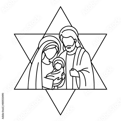 Holy Family inside star line art features symbolic figures of Mary, Joseph, and baby Jesus inside star of David, presented in minimalist line art style, and represents faith and hope.