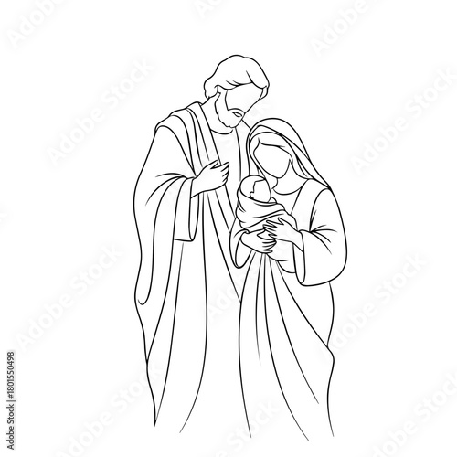 Holy Family line art depiction showcases Mary, Joseph, and Baby Jesus in a minimalist illustration. Holy Family line art highlights their simple, yet profound familial connection and devotion.
