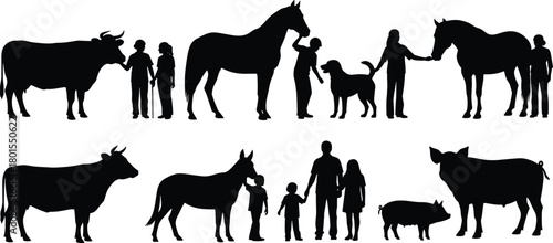 Farm family silhouettes, rural life illustration, human animal interaction, countryside bonding, livestock care, children with animals, peaceful farm scene, vector art