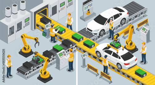 Automated car manufacturing process isometric view of vehicles, robots, and workers in a factory setting